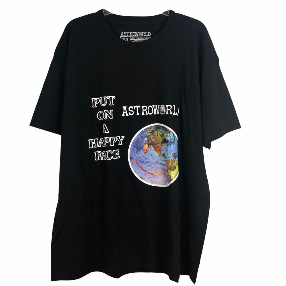 Astroworld Mens T-Shirt Size XXL Put On A Happy Face Down To Earth Black